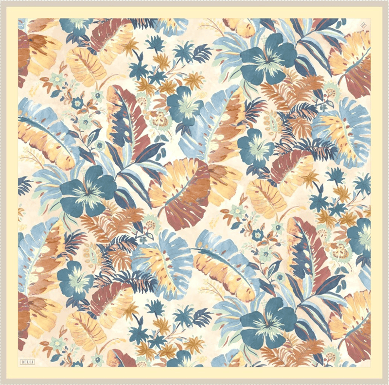 Mavi Çok Renkli Çiçek Desen %100 Twill İpek Eşarp 4323-80