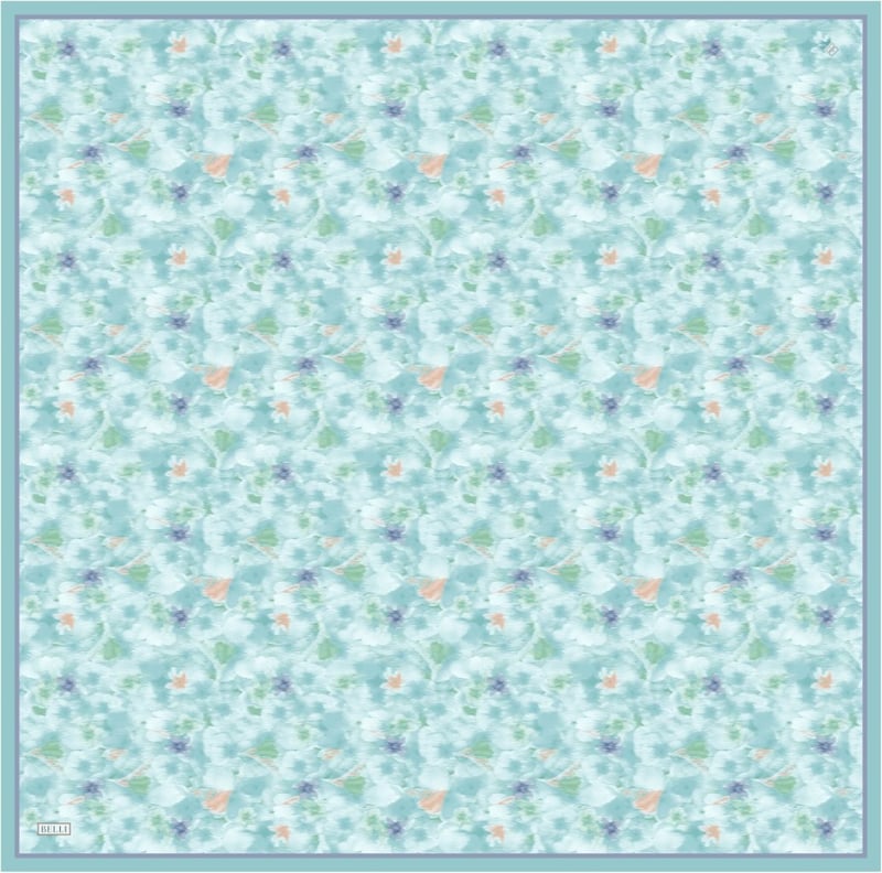 Mavi Çok Renkli Çiçek Desen %100 Twill İpek Eşarp 4319-52