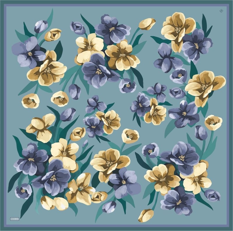 Mavi Çok Renkli Çiçek Desen %100 Twill İpek Eşarp 4330-82
