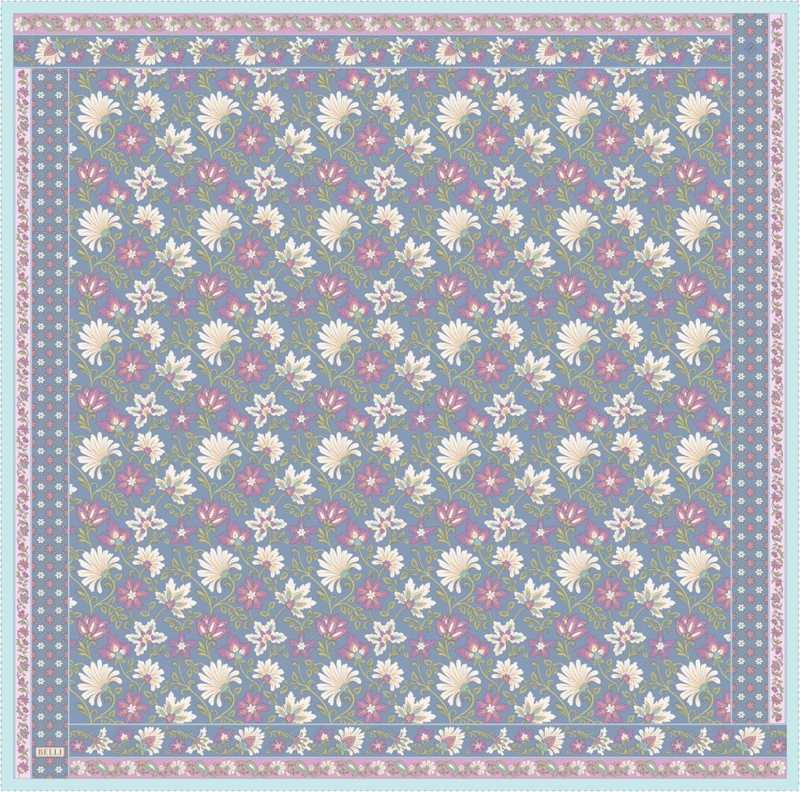 Mavi Çok Renkli Etnik Desen %100 Twill İpek Eşarp 4314-32