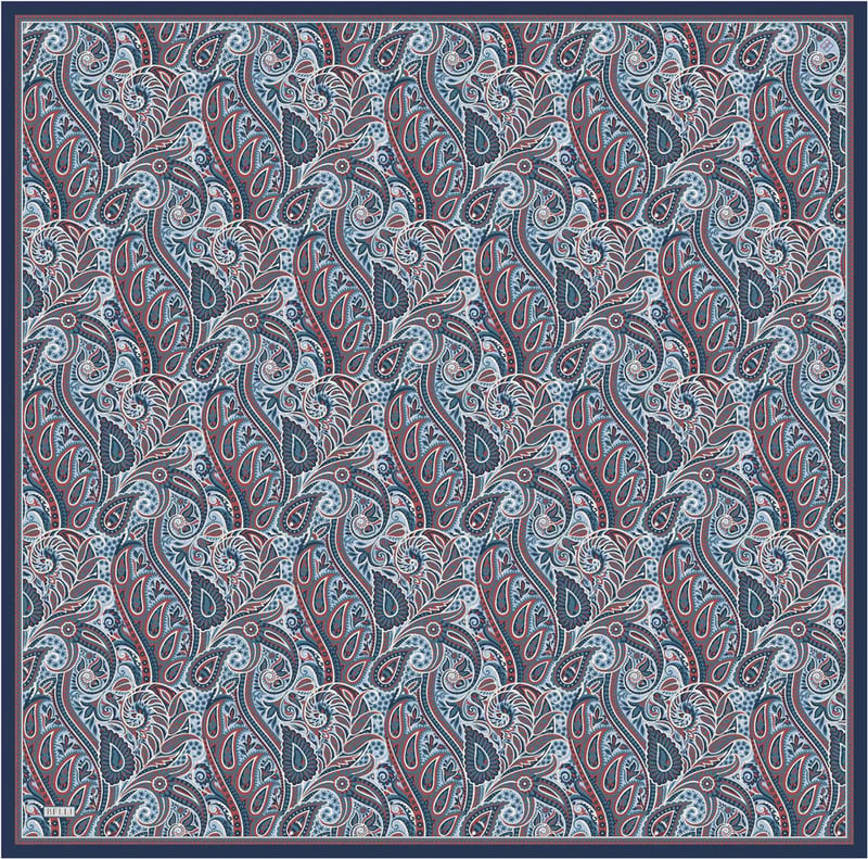 Mavi Etnik Desen %100 Twill İpek Eşarp 4404-35