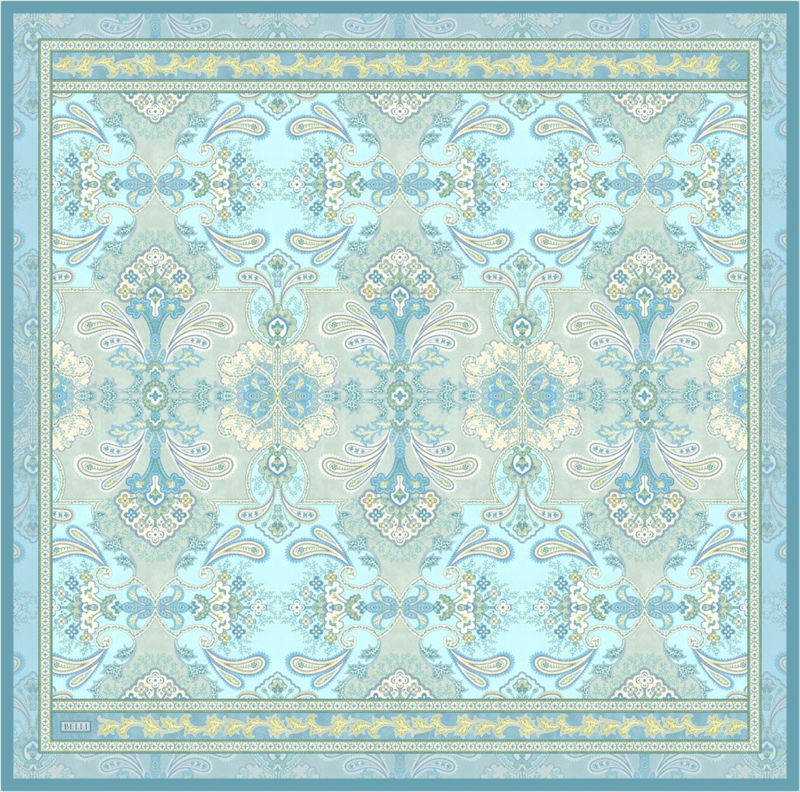 Mavi Etnik Desen %100 Twill İpek Eşarp 4304-52