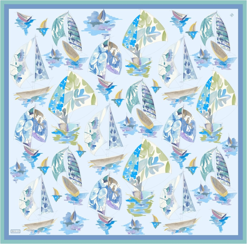 Mavi Obje Desen %100 Twill İpek Eşarp 4316-80