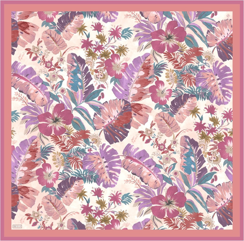 Mor Çok Renkli Çiçek Desen %100 Twill İpek Eşarp 4323-82