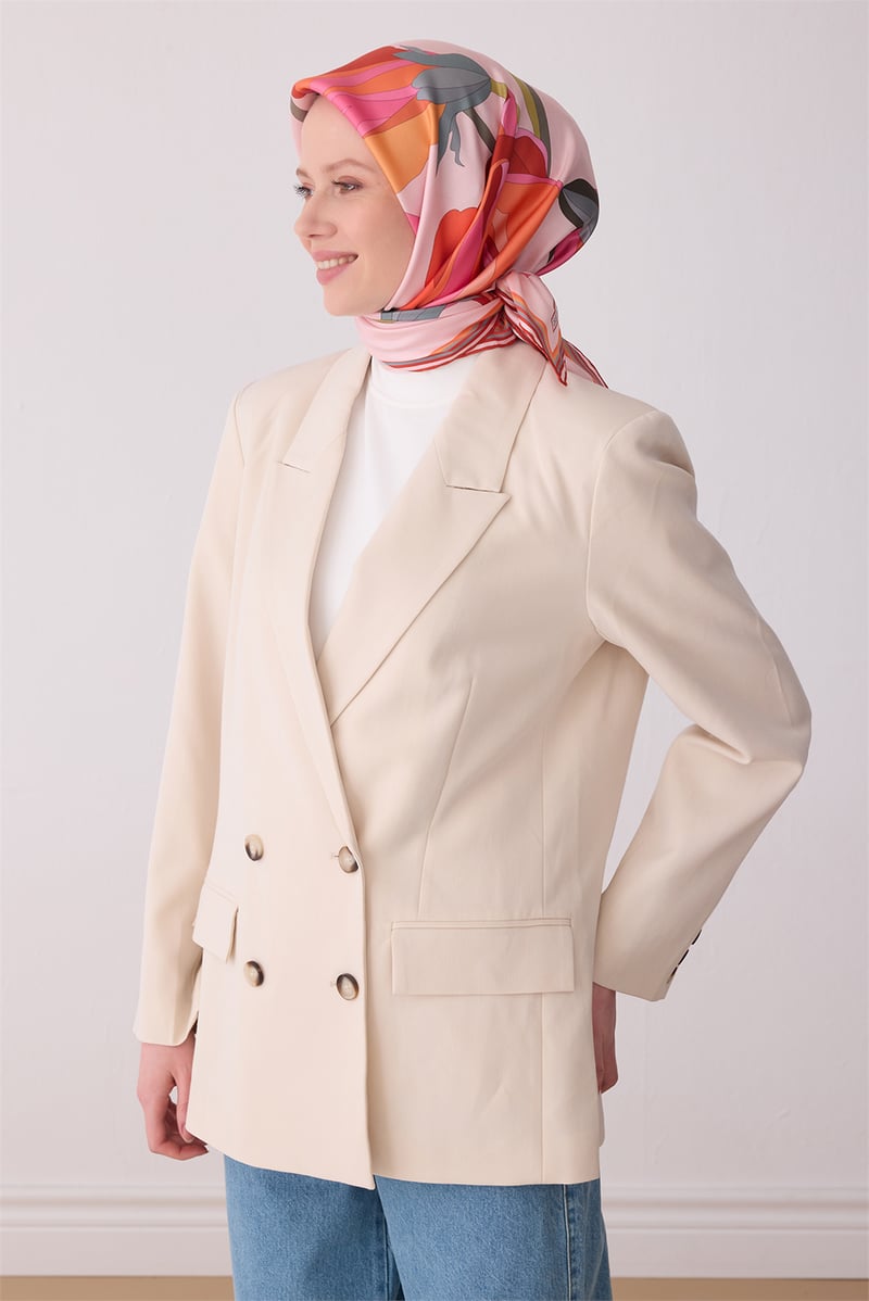 Pembe Çiçek Desen %100 Twill İpek Eşarp 4303-55