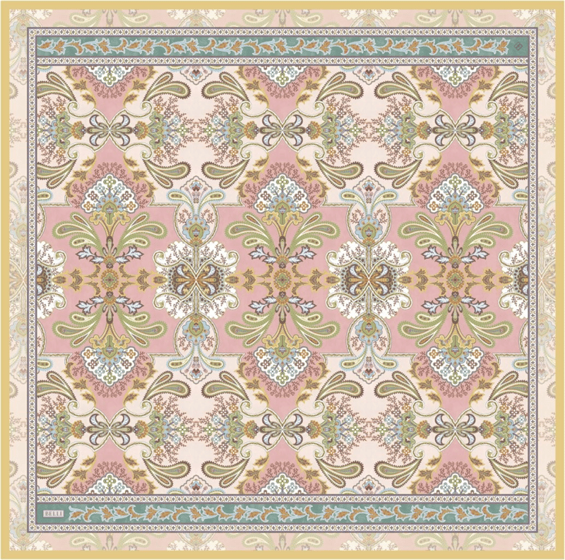 Pembe Çok Renkli Etnik Desen %100 Twill İpek Eşarp 4304-32