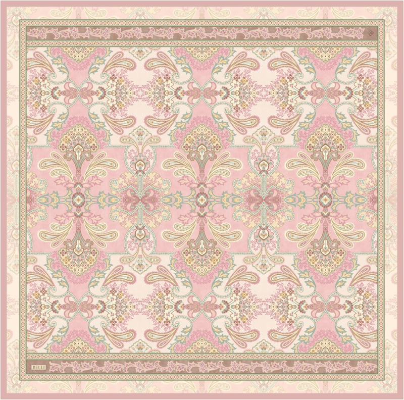 Pembe Etnik Desen %100 Twill İpek Eşarp 4304-05