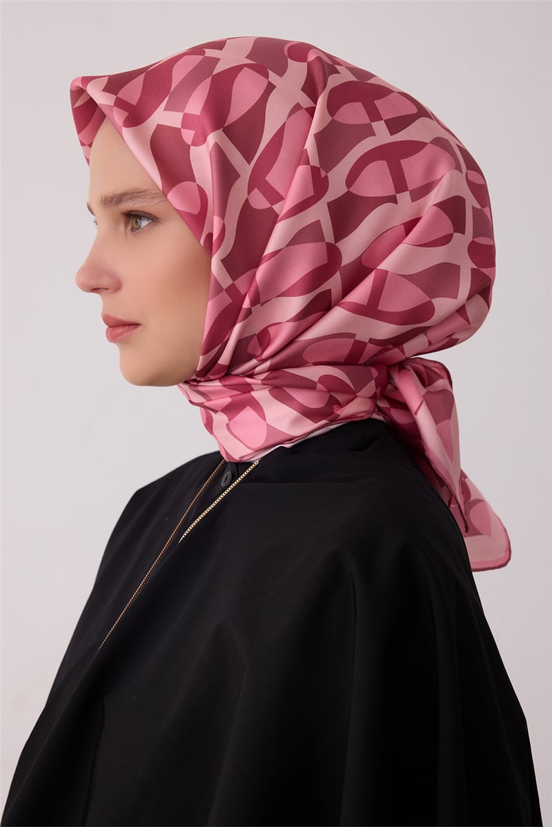 Pembe Geometrik Desen %100 Twill İpek Eşarp 4420-03