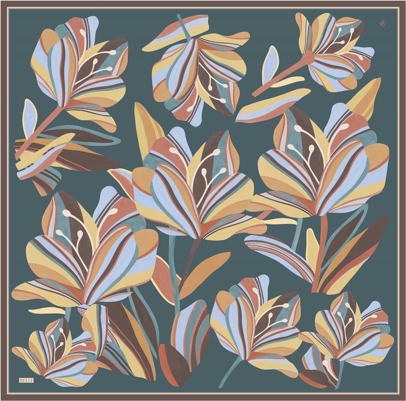 Petrol Çiçek Deseni %100 Twill İpek Eşarp 4410-80