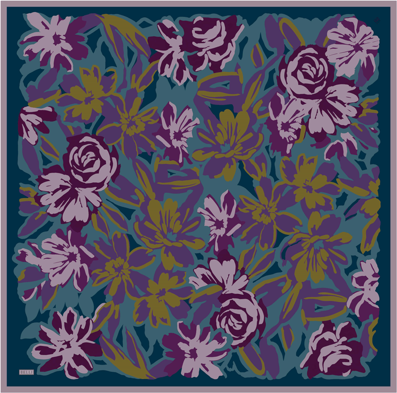 Petrol Çiçek Deseni %100 Twill İpek Eşarp 4416-09