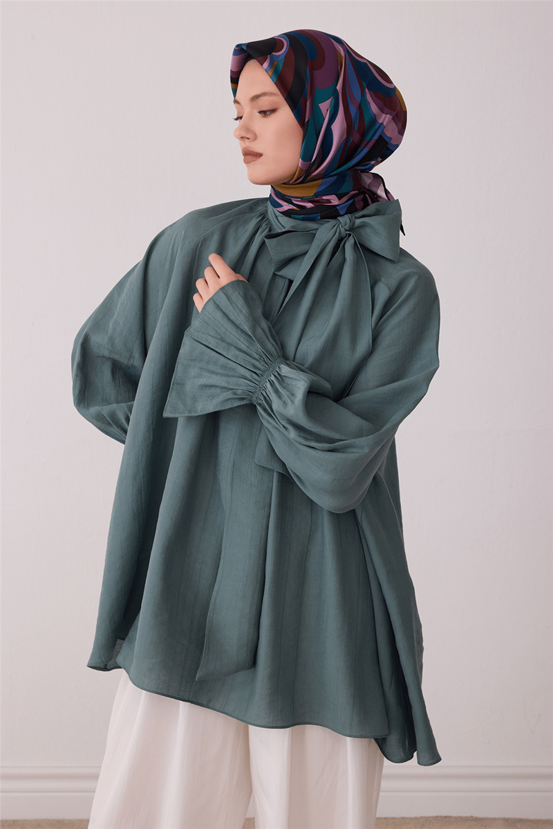 Petrol Soyut Desen %100 Twill İpek Eşarp 4414-04