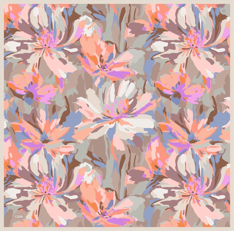 Pudra Pembe Çok Renkli Çiçek Desen %100 Twill İpek Eşarp 4315-33