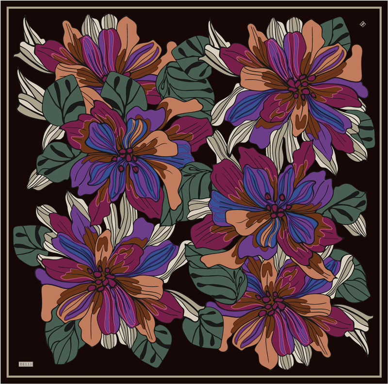 Siyah Çiçek Deseni %100 Twill İpek Eşarp 4413-50