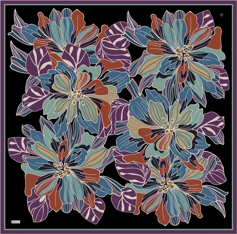 Siyah Çiçek Deseni %100 Twill İpek Eşarp 4413-33