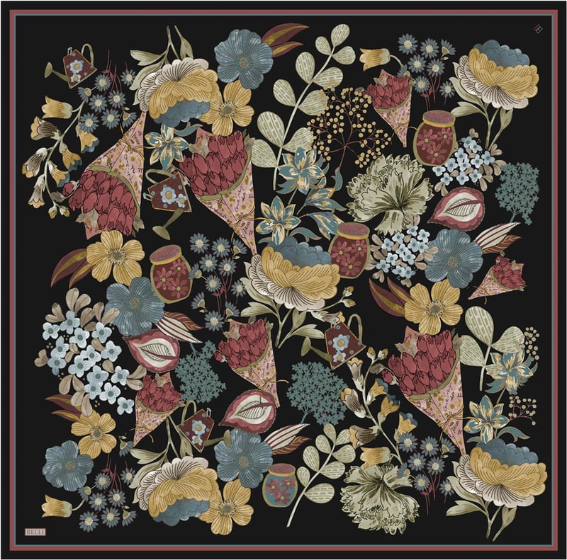 Siyah Çiçek Deseni %100 Twill İpek Eşarp 4415-87