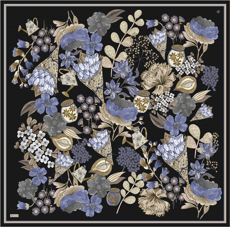Siyah Çiçek Deseni %100 Twill İpek Eşarp 4415-86