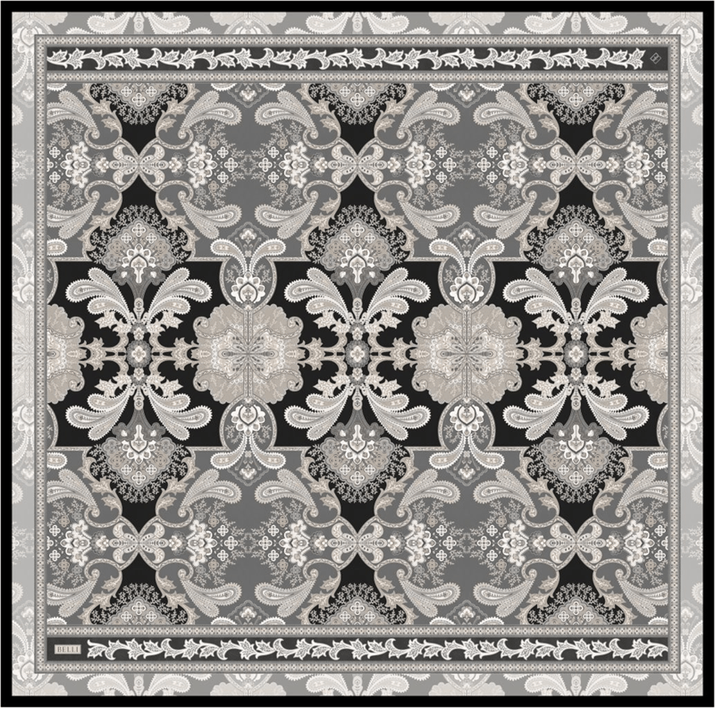 Siyah Etnik Desen %100 Twill İpek Eşarp 4304-06