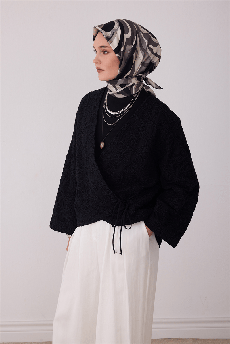 Siyah Soyut Desen %100 Twill İpek Eşarp 4414-85
