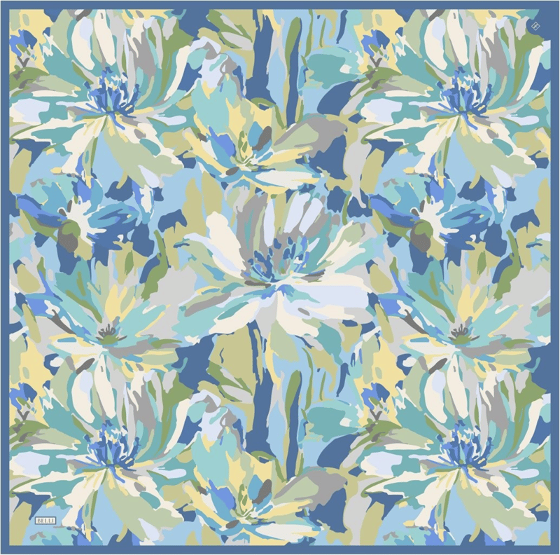 Turkuaz Çok Renkli Çiçek Desen %100 Twill İpek Eşarp 4315-83
