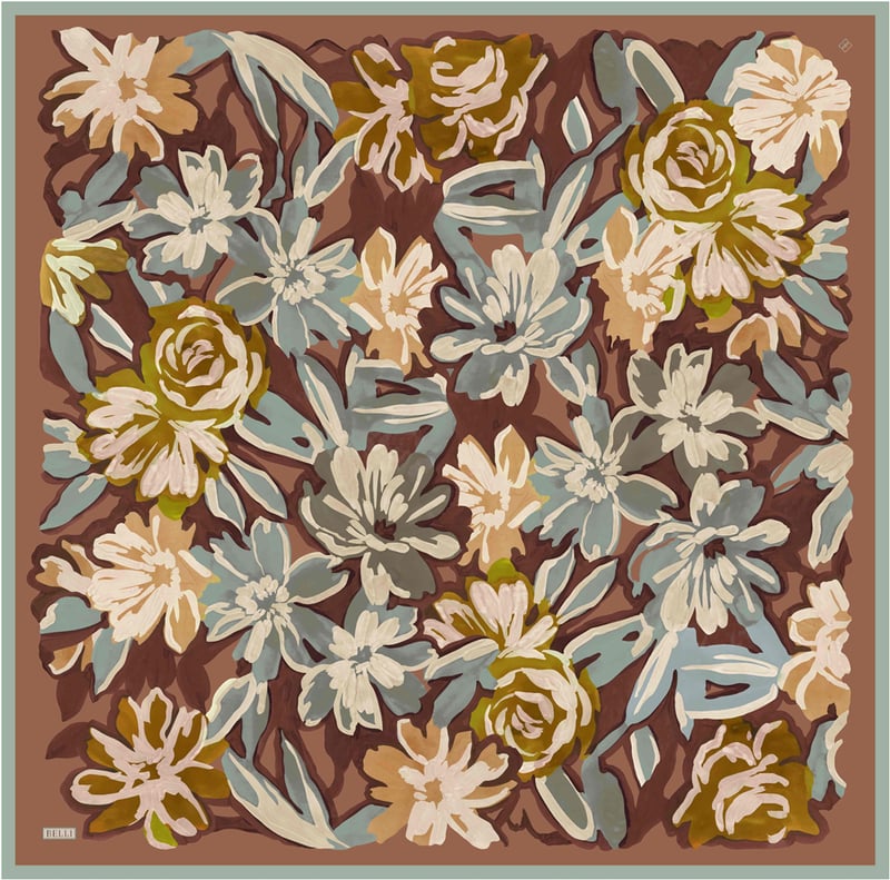 Turuncu Çiçek Deseni %100 Twill İpek Eşarp 4416-36