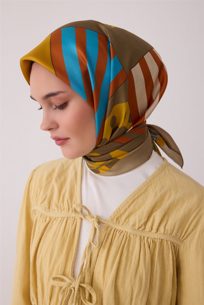 yağ yeşili Obje Desen %100 Twill İpek Eşarp 4409-58