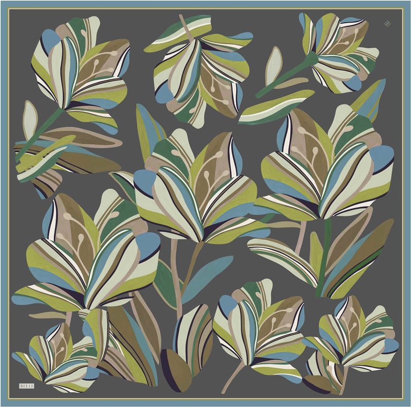 Yeşil Çiçek Deseni %100 Twill İpek Eşarp 4410-31