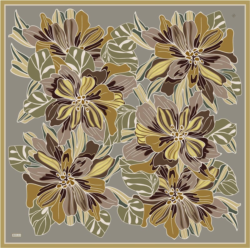 Yeşil Çiçek Deseni %100 Twill İpek Eşarp 4413-36