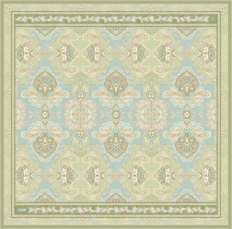 Yeşil Çok Renkli Etnik Desen %100 Twill İpek Eşarp 4304-53