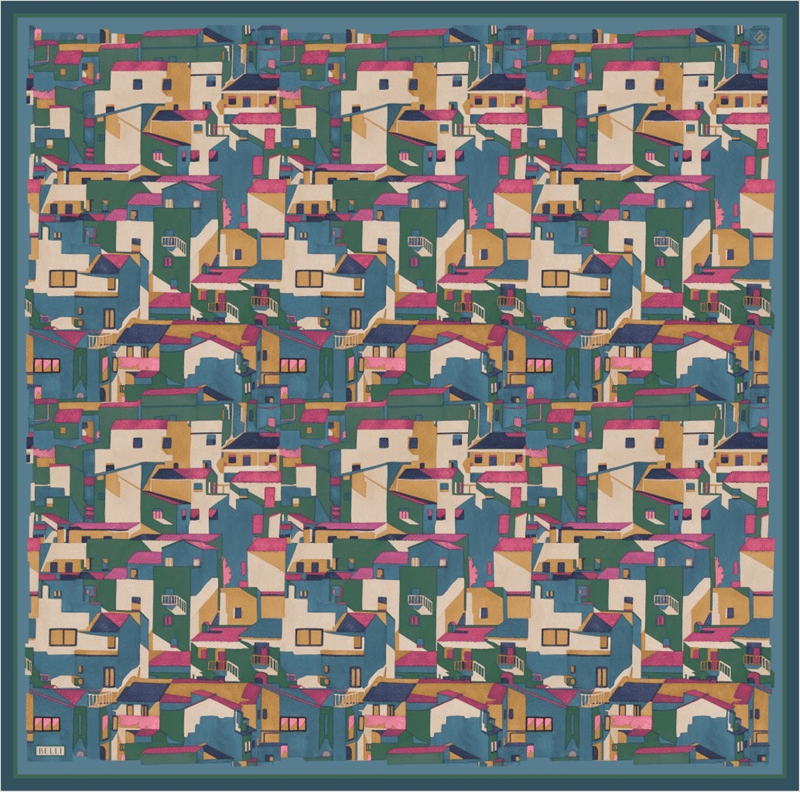 Yeşil Çok Renkli Obje Desen %100 Twill İpek Eşarp 4307-80