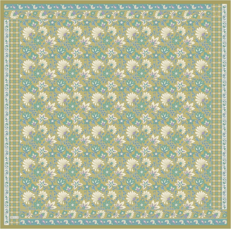 Yeşil Etnik Desen %100 Twill İpek Eşarp 4314-83