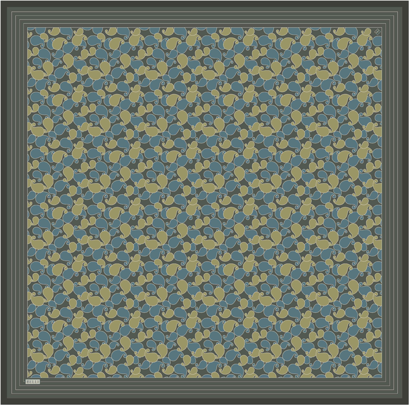 Yeşil Etnik Desen %100 Twill İpek Eşarp 4422-32