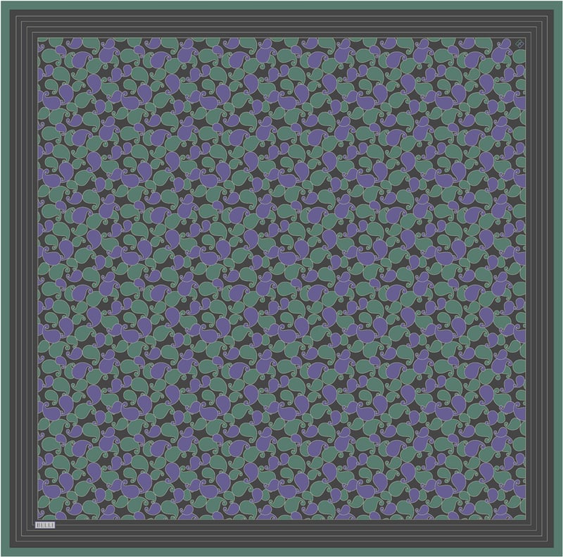 Yeşil Etnik Desen %100 Twill İpek Eşarp 4422-83