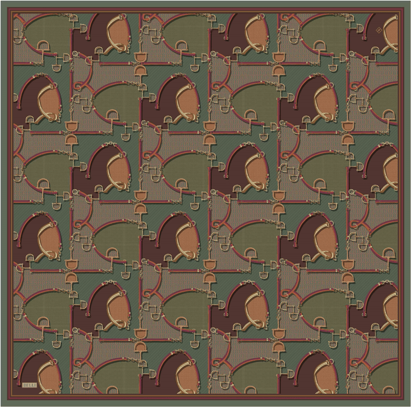 Yeşil Geometrik Desen %100 Twill İpek Eşarp 4400-82