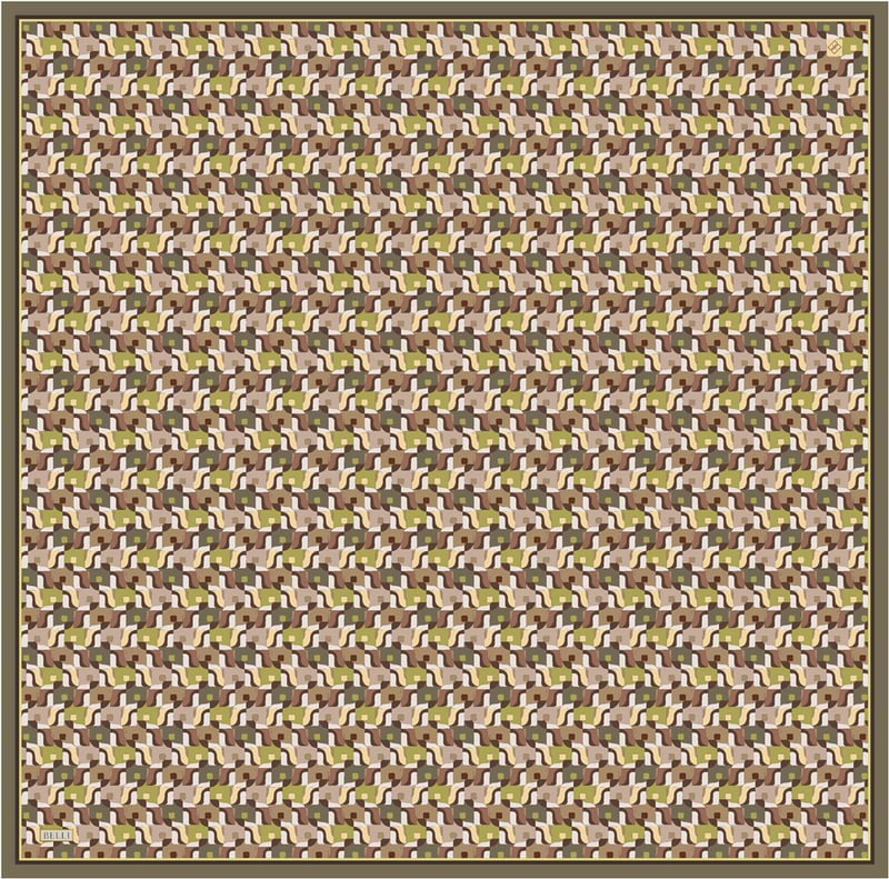 Yeşil Geometrik Desen %100 Twill İpek Eşarp 4402-34