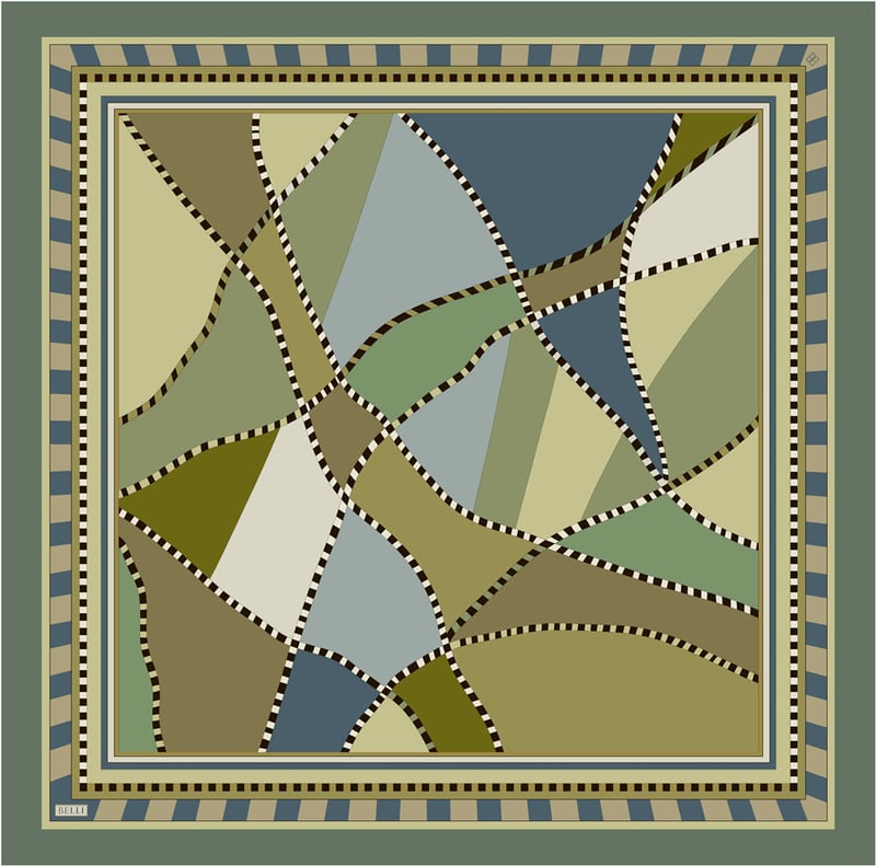 Yeşil Geometrik Desen %100 Twill İpek Eşarp 4419-80
