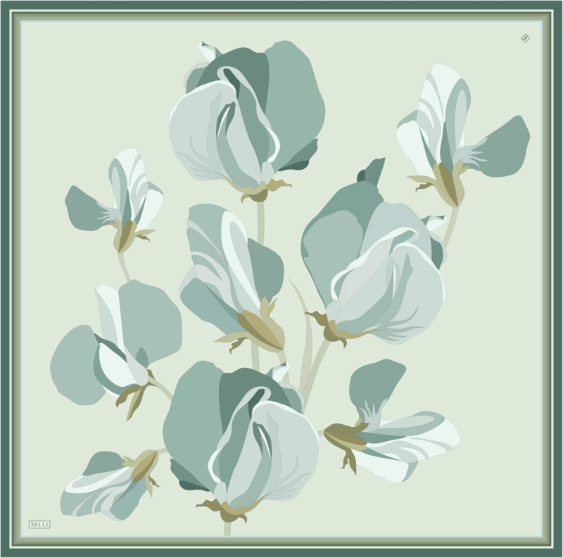 Yeşil Mint Çiçek Desen %100 Twill İpek Eşarp 4303-03