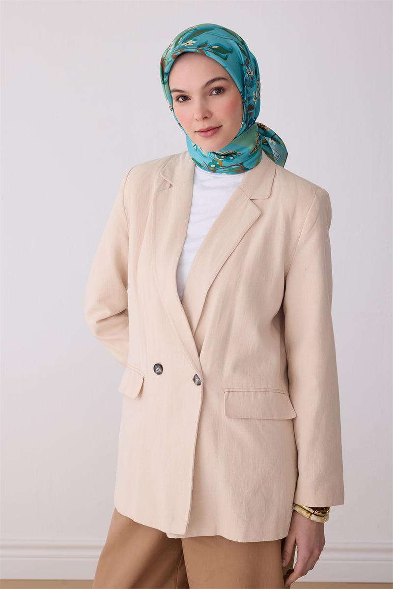 Yeşil Obje Desen %100 Twill İpek Eşarp 4320-50