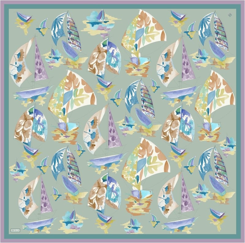 Yeşil Obje Desen %100 Twill İpek Eşarp 4316-82