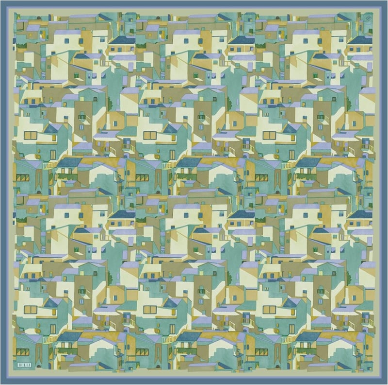 Yeşil Obje Desen %100 Twill İpek Eşarp 4307-03
