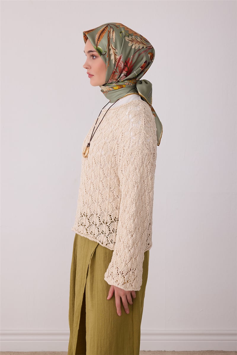 Yeşil Soyut Desen %100 Twill İpek Eşarp 4412-02