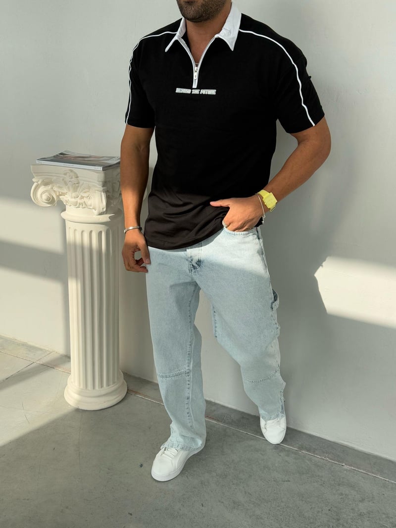 Deepoint Polo Yaka Fermuar Detay Tshirt Siyah