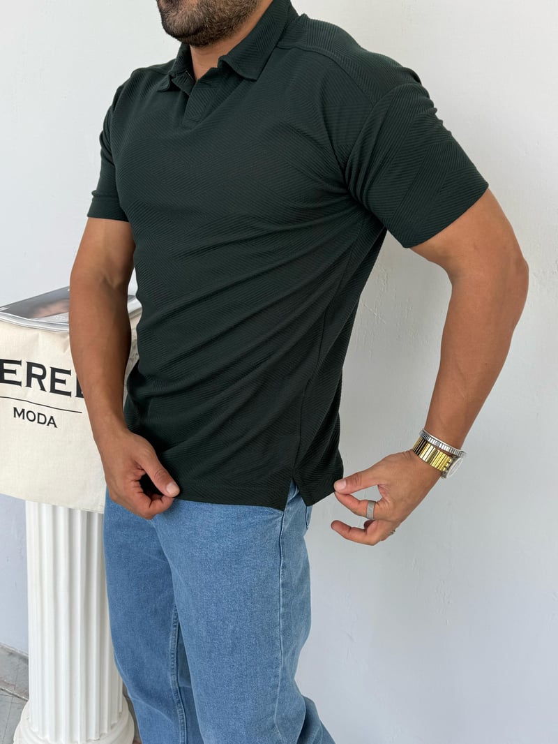 Deepoint Polo Yaka Kendinden Desenli T-Shirt Yeşil