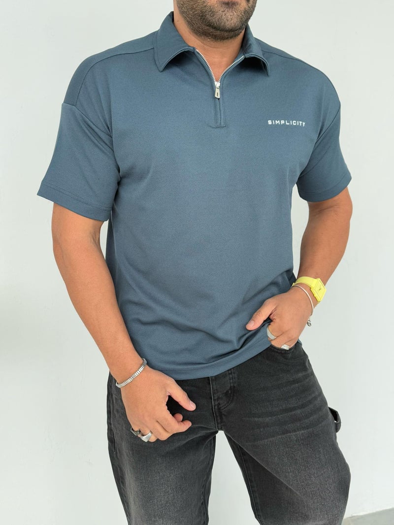 Deepoint Tshirt Yaka Fermuar Detay Petrol Mavisi