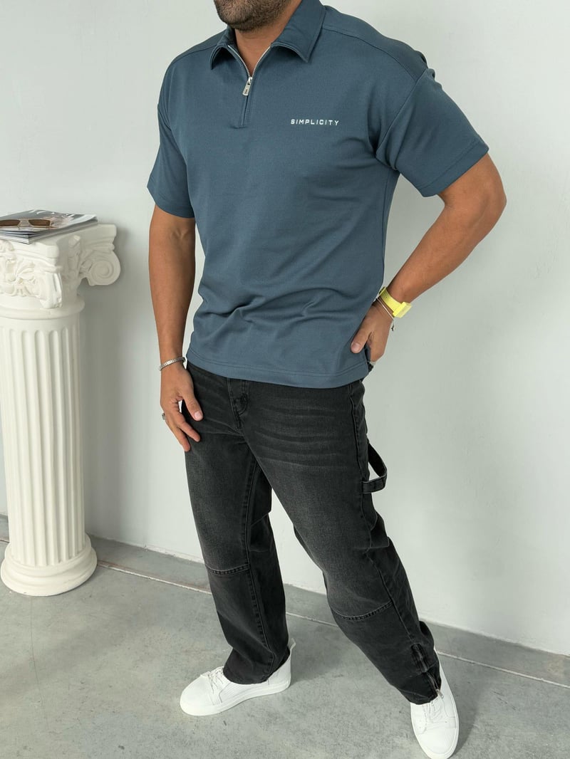 Deepoint Tshirt Yaka Fermuar Detay Petrol Mavisi