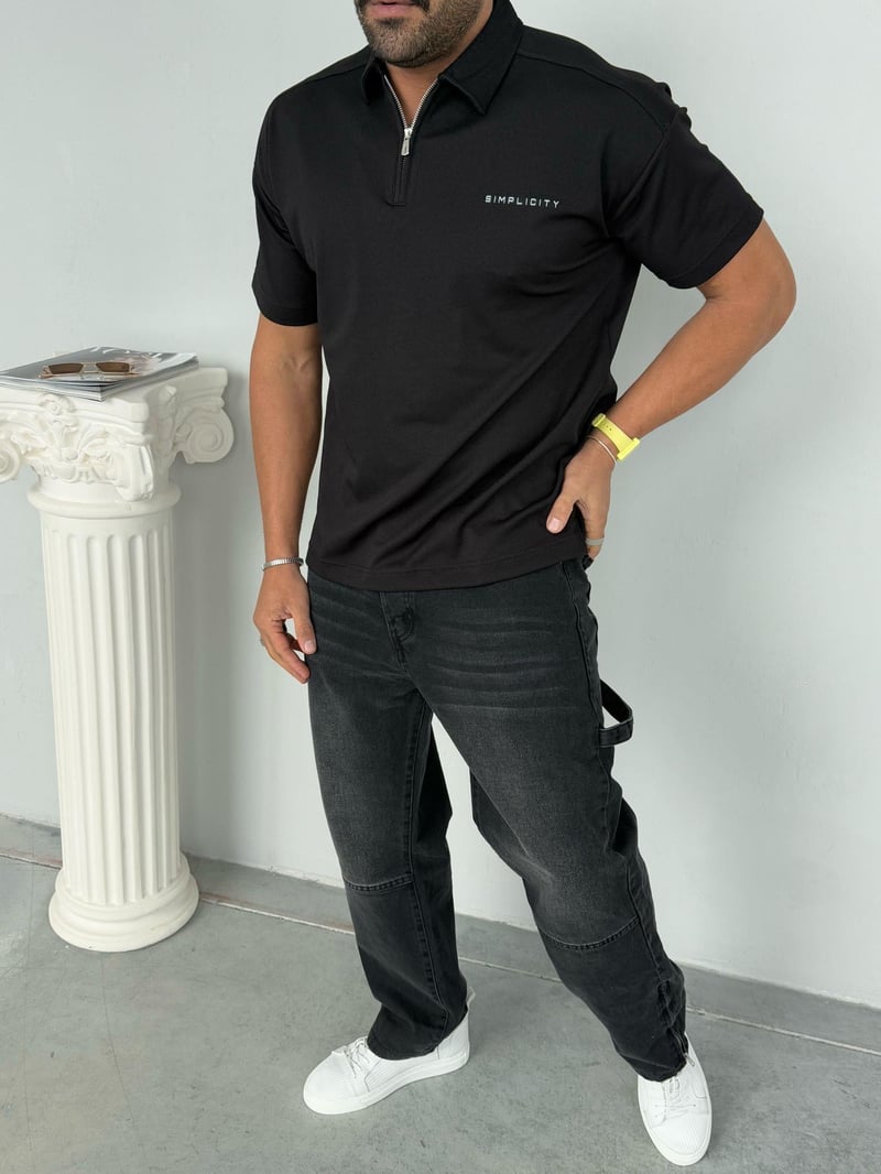 Deepoint Tshirt Yaka Fermuar Detay Siyah