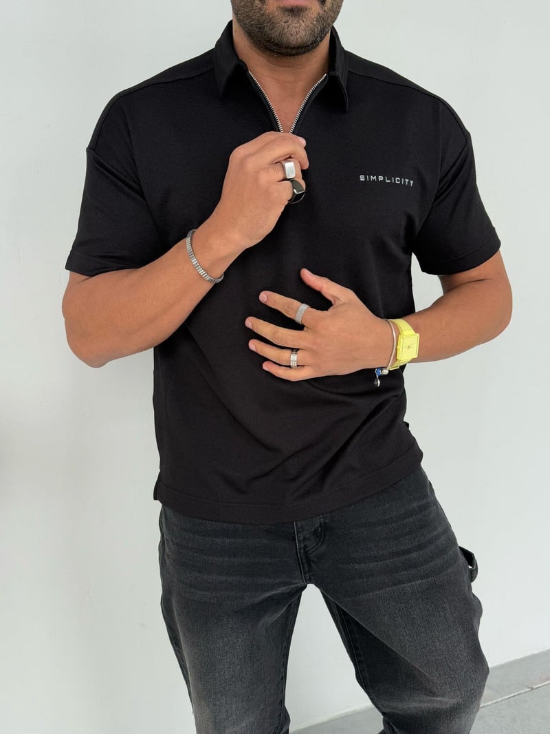 Deepoint Tshirt Yaka Fermuar Detay Siyah