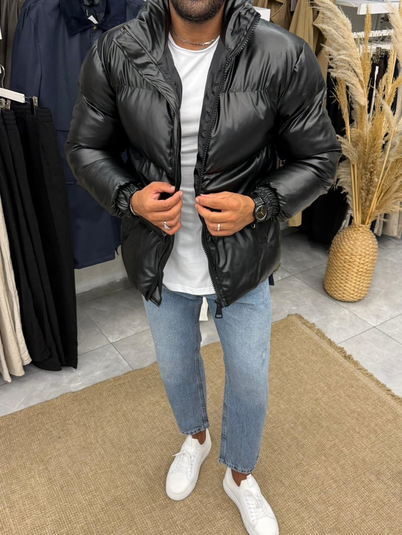 Deri Siyah Şisme Mont