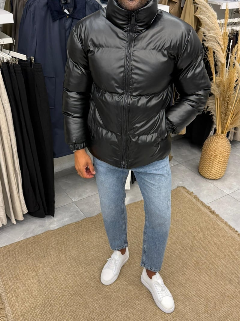 Deri Siyah Şisme Mont