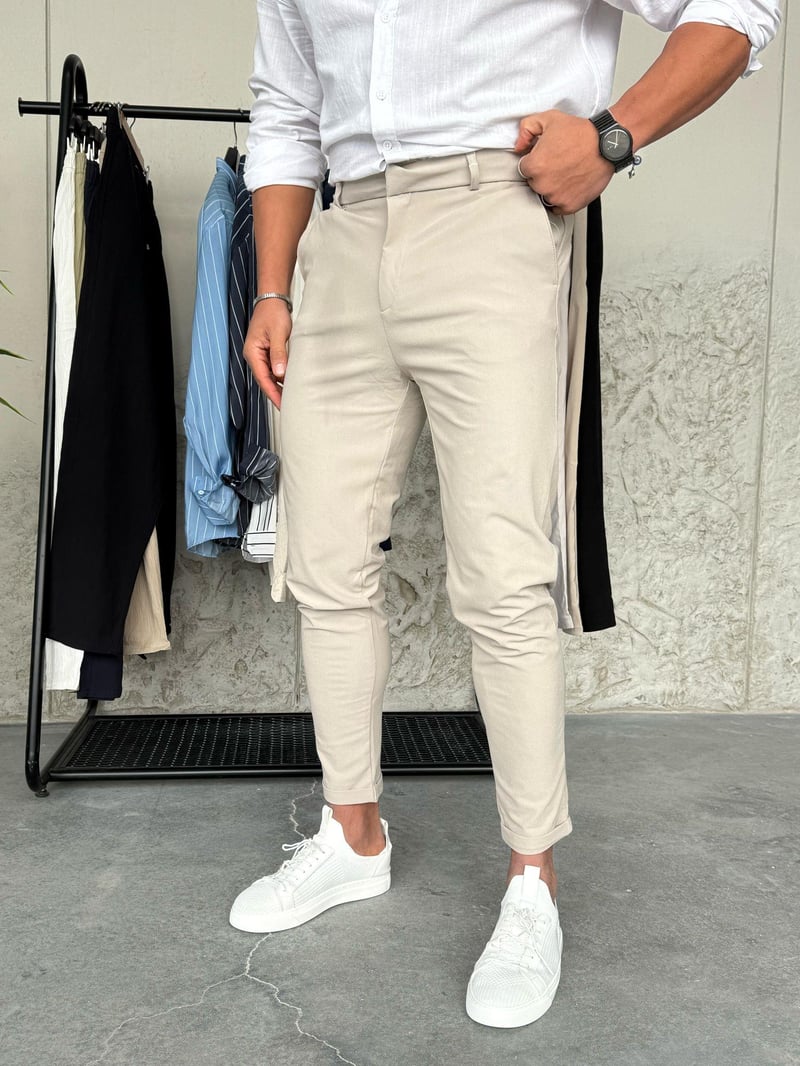 Double Paça Kumaş Pantolon Krem