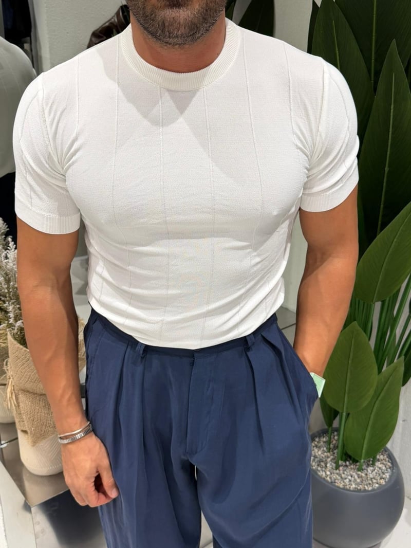 Ferel Kendinden Çizgili Triko Tshirt Beyaz